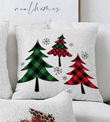 Set of 4 Christmas Pillow Covers|Red Green Buffalo Check Xmas Tree and Leaves Cushion|Cheetah Patterned Deer Pillow|Xmas Throw Pillow Top