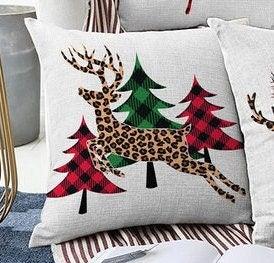 Set of 4 Christmas Pillow Covers|Red Green Buffalo Check Xmas Tree and Leaves Cushion|Cheetah Patterned Deer Pillow|Xmas Throw Pillow Top