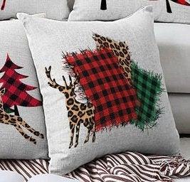 Set of 4 Christmas Pillow Covers|Red Green Buffalo Check Xmas Tree and Leaves Cushion|Cheetah Patterned Deer Pillow|Xmas Throw Pillow Top