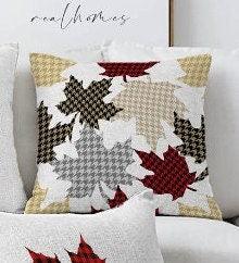 Set of 4 Christmas Pillow Covers|Red Buffalo Check Leaf Print Cushion|Winter Trend Pillow Case|Geometric Patterned Leaves Throw Pillow Top