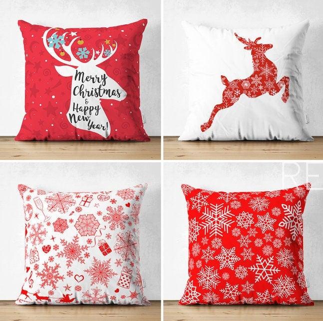 Set of 4 Christmas Pillow Covers|Merry Xmas Happy New Year Home Decor|Red White Xmas Pillow Top|Winter Trend Pillow Cover|Snowflake Cushion