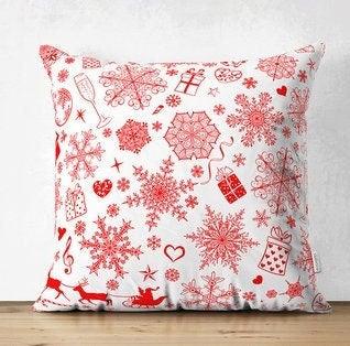 Set of 4 Christmas Pillow Covers|Merry Xmas Happy New Year Home Decor|Red White Xmas Pillow Top|Winter Trend Pillow Cover|Snowflake Cushion