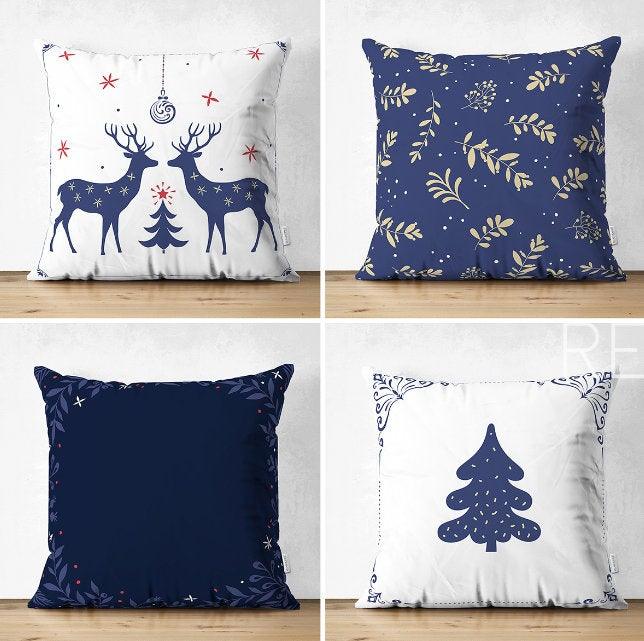 Set of 4 Christmas Pillow Covers|Blue White Xmas Deer Decor|Winter Trend Cushion Case|Beige Blue Leaves Throw Pillow|Christmas Tree Cushion