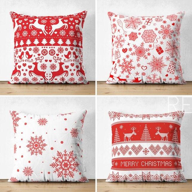 Set of 4 Christmas Pillow Covers|Merry Xmas Home Decor|Red White Xmas Deer and Tree Pillow|Winter Trend Pillow Cover|Snowflake Cushion Case