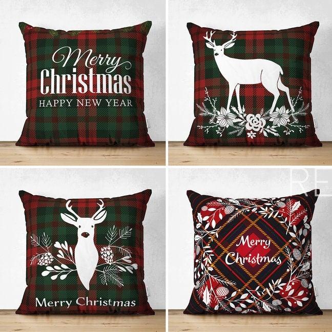 Set of 4 Christmas Pillow Covers|Merry Xmas and Happy New Year Home Decor|Floral Xmas Deer Pillow Top|Winter Trend Buffalo Check Pillow Top