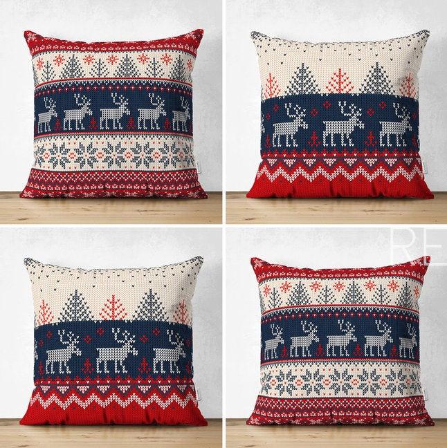 Set of 4 Christmas Pillow Covers|Red Blue Gray Xmas Cushion Case|Xmas Deer, Xmas Tree and Snowflake Print Pillow Top|Winter Trend Pillow