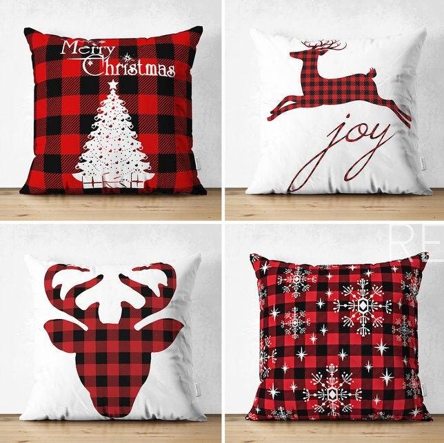 Set of 4 Christmas Pillow Covers|Merry Xmas Tree and Joy Home Decor|Xmas Deer and Buckhorn Pillow Top|Snowflake on Buffalo Check Pillow Top