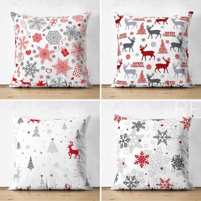 Set of 4 Christmas Pillow Covers|Merry Xmas Home Decor|Xmas Deer and Tree Pillow|Winter Trend Pillow Cover|Red Gray Snowflake Cushion Cover