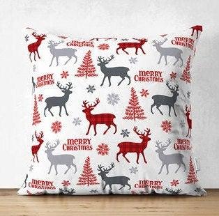 Set of 4 Christmas Pillow Covers|Merry Xmas Home Decor|Xmas Deer and Tree Pillow|Winter Trend Pillow Cover|Red Gray Snowflake Cushion Cover