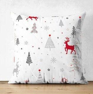 Set of 4 Christmas Pillow Covers|Merry Xmas Home Decor|Xmas Deer and Tree Pillow|Winter Trend Pillow Cover|Red Gray Snowflake Cushion Cover