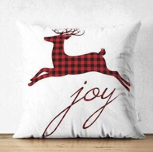 Set of 4 Christmas Pillow Covers|Merry Xmas Tree and Joy Home Decor|Xmas Deer and Buckhorn Pillow Top|Snowflake on Buffalo Check Pillow Top