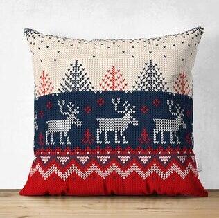 Set of 4 Christmas Pillow Covers|Red Blue Gray Xmas Cushion Case|Xmas Deer, Xmas Tree and Snowflake Print Pillow Top|Winter Trend Pillow