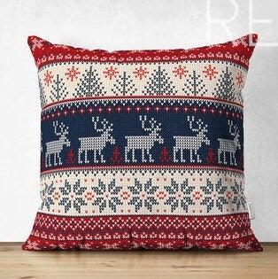 Set of 4 Christmas Pillow Covers|Red Blue Gray Xmas Cushion Case|Xmas Deer, Xmas Tree and Snowflake Print Pillow Top|Winter Trend Pillow