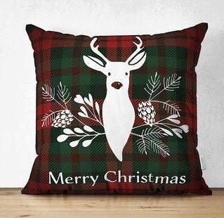 Set of 4 Christmas Pillow Covers|Merry Xmas and Happy New Year Home Decor|Floral Xmas Deer Pillow Top|Winter Trend Buffalo Check Pillow Top