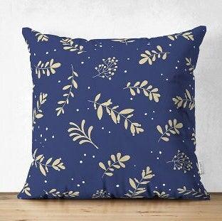 Set of 4 Christmas Pillow Covers|Blue White Xmas Deer Decor|Winter Trend Cushion Case|Beige Blue Leaves Throw Pillow|Christmas Tree Cushion