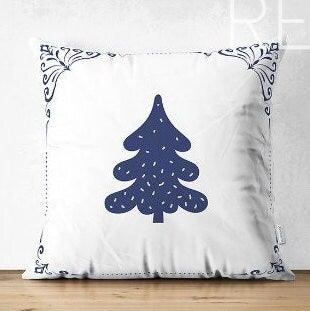 Set of 4 Christmas Pillow Covers|Blue White Xmas Deer Decor|Winter Trend Cushion Case|Beige Blue Leaves Throw Pillow|Christmas Tree Cushion