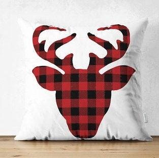 Set of 4 Christmas Pillow Covers|Merry Xmas and Joy Home Decor|Buffalo Check Xmas Deer and Buckhorn Pillow Top|Plaid Winter Trend Pillow Top