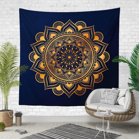 Mandala Wall Tapestry|Decorative Black Gold Wall Hanging Art Decor|Authentic Ornament Circle Fabric Wall Art|Boho Style Geometric Tapestry