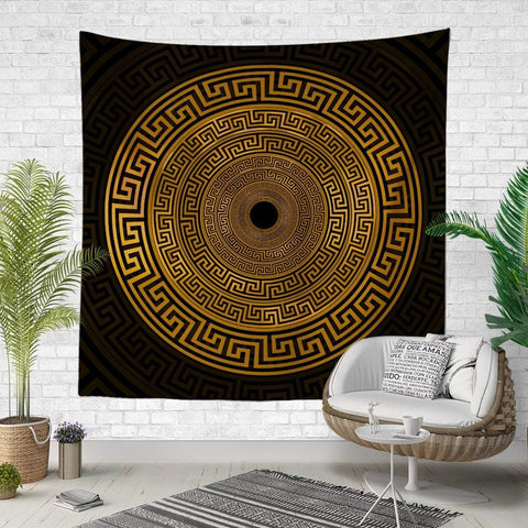 Mandala Wall Tapestry|Decorative Black Gold Wall Hanging Art Decor|Authentic Ornament Circle Fabric Wall Art|Boho Style Geometric Tapestry