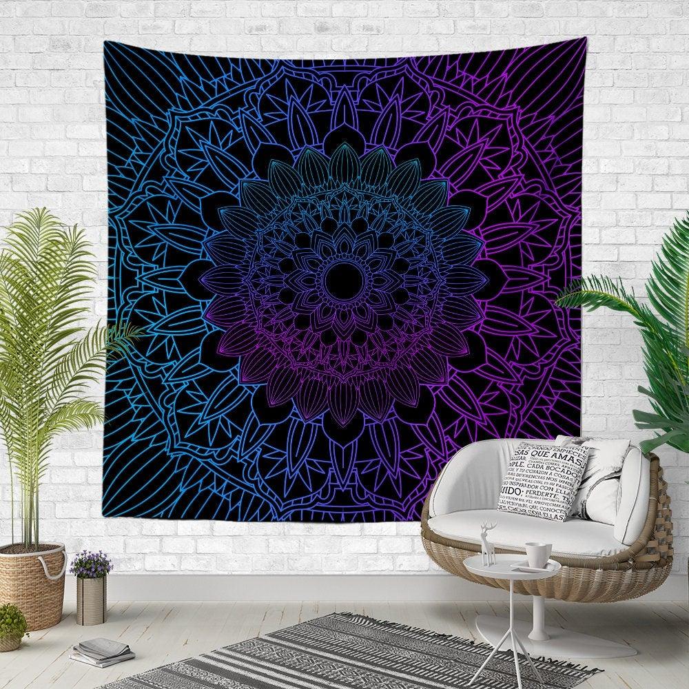 Mandala Wall Tapestry|Decorative Purple Turquoise Wall Hanging Art Decor|Authentic Circle Pattern Fabric Wall Art|Boho Geometric Tapestry