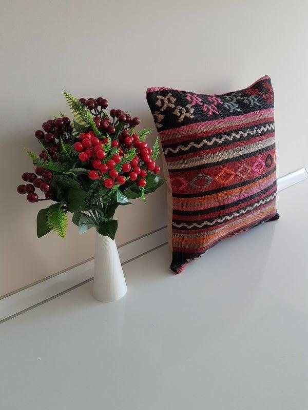 Vintage Kilim Pillow Cover|Turkish Kilim Pillow Cover|Antique Upholstery Throw Pillow Cover|Boho Bedding Decor|Handwoven Rug Cushion 16x16