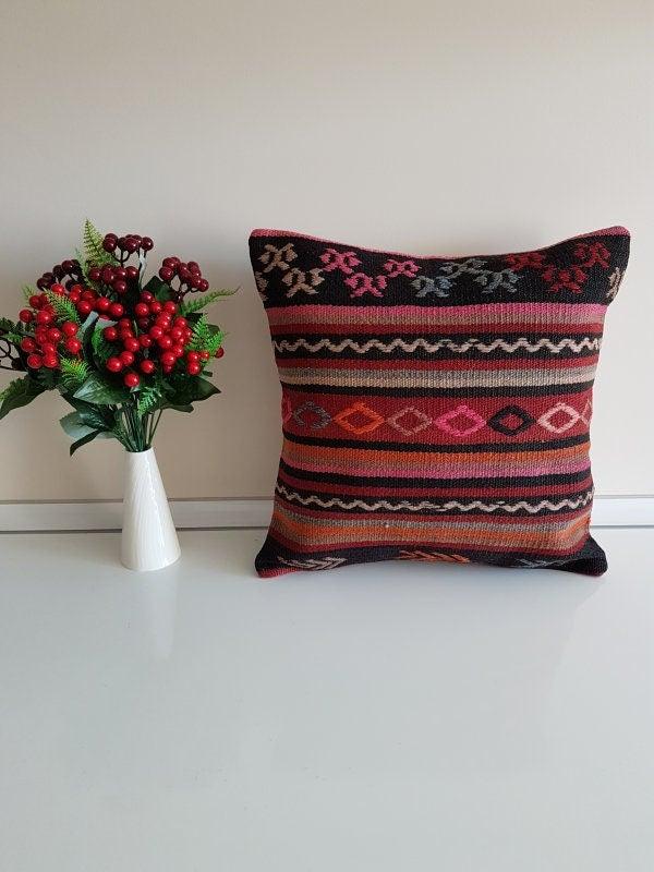 Vintage Kilim Pillow Cover|Turkish Kilim Pillow Cover|Antique Upholstery Throw Pillow Cover|Boho Bedding Decor|Handwoven Rug Cushion 16x16