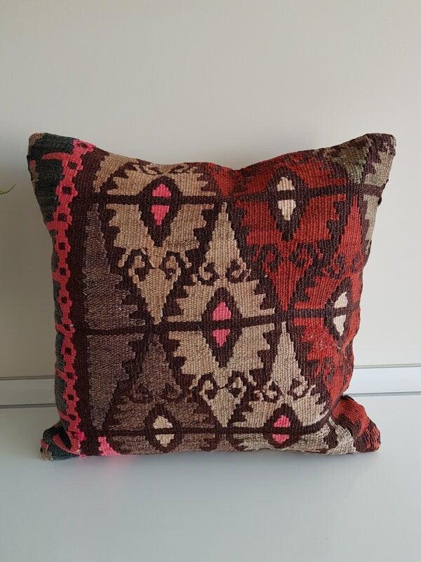 Vintage Kilim Pillow Cover|Turkish Kilim Pillow Cover|Traditional Soft Throw Pillow Cover|Boho Bedding Decor|Handwoven Rug Cushion 16x16