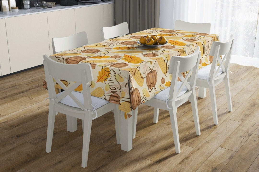 Thanksgiving Tablecloth|Brown Orange and Gray Pumpkin Tabletop|Thanksgiving Quote Print Table Cover|Housewarming Farmhouse Style Table Cover