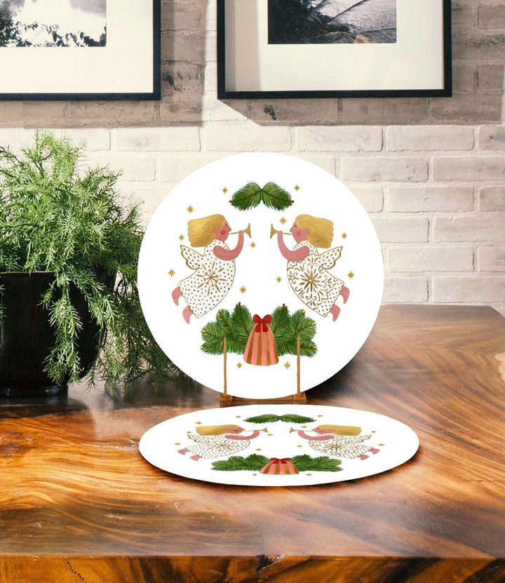 Set of 2 Winter Trend Placemat|Angel Girl Xmas Home Decor|Mermaid Supla Table Mat|Pine Tree Needle Round American Service Dining Underplate