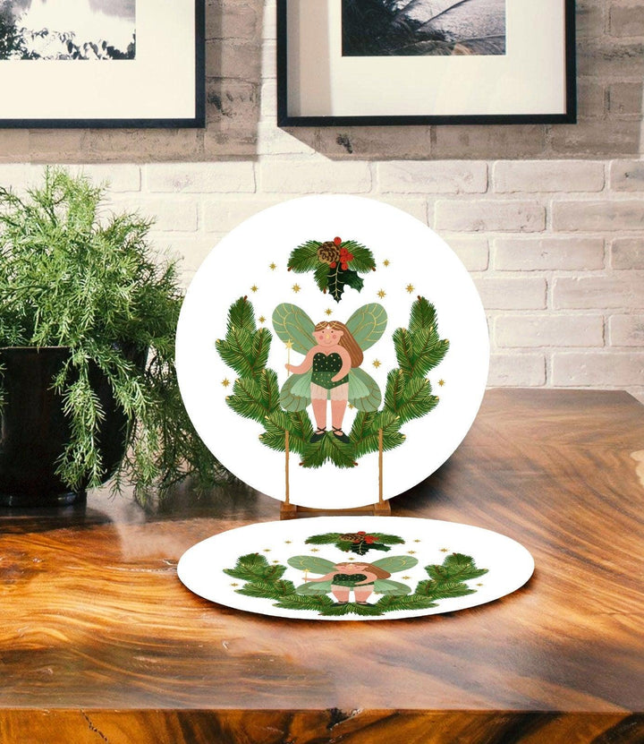 Set of 2 Winter Trend Placemat|Angel Girl Xmas Home Decor|Mermaid Supla Table Mat|Pine Tree Needle Round American Service Dining Underplate