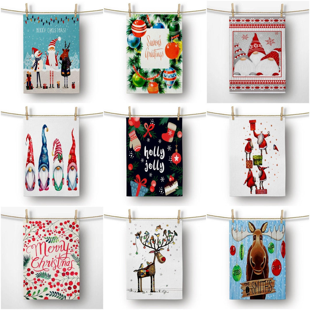 Christmas Kitchen Towel|Merry Christmas Dish Towel|Dwarf Santa/Gnomes Hand Towel|Holly Jolly Towel|Xmas Stockings Tea Towel|Xmas Deer Towel