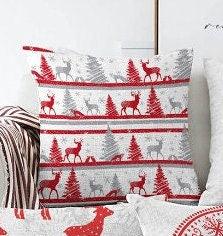 Set of 4 Christmas Pillow Covers|Red Xmas Deer and Snowflake Print Pillow Cover|Red White Xmas Pillow Top|Winter Trend Gray Pine Tree Pillow