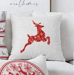 Set of 4 Christmas Pillow Covers|Red Xmas Deer and Snowflake Print Pillow Cover|Red White Xmas Pillow Top|Winter Trend Gray Pine Tree Pillow