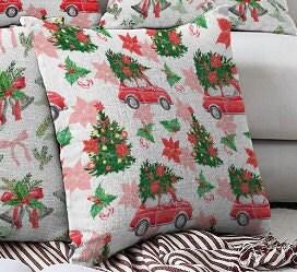 Set of 4 Christmas Pillow Covers|Red Car and Xmas Tree Pillow Case|Winter Trend Xmas Bell Cushion Cover|Red Poinsettia and Ornaments Pillow