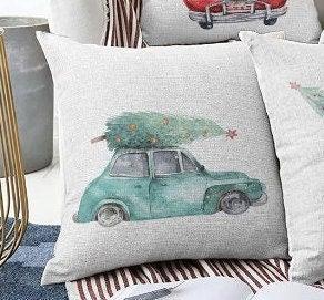 Set of 4 Christmas Pillow Covers|Red Gree White Xmas Pillow Case|Van with Decorated Xmas Tree Cushion Case|Car with Xmas Tree Cushion Cover