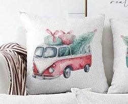 Set of 4 Christmas Pillow Covers|Red Turquoise White Pillow Case|Van with Decorated Xmas Tree Cushion Case|Car with Xmas Tree Cushion Cover