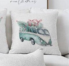 Set of 4 Christmas Pillow Covers|Red Turquoise White Pillow Case|Van with Decorated Xmas Tree Cushion Case|Car with Xmas Tree Cushion Cover