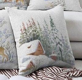 Set of 4 Winter Trend Pillow Covers|Xmas Deer and Pine Tree Home Decor|Houses and Snow Pillow Top|Christmas Pillow Cover|Xmas Throw Pillow