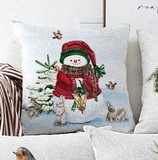 Set of 4 Christmas Pillow Covers|Snowman and Rabbits Pillow|Winter Trend Cushion Case|Xmas Bell and Bird Throw Pillow|Christmas Tree Cushion