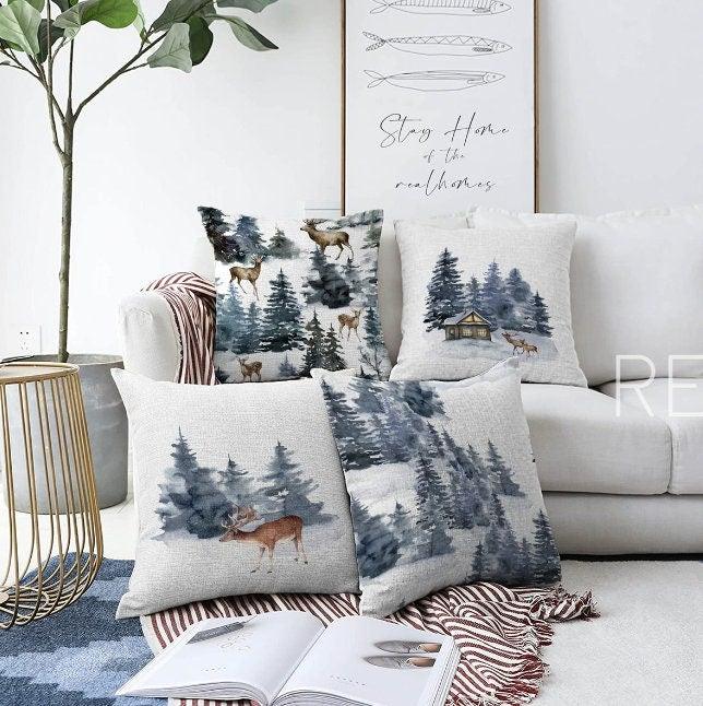 Set of 4 Winter Trend Pillow Covers|Xmas Deer and Pine Tree Home Decor|House under Snow Pillow Top|Christmas Pillow Cover|Xmas Throw Pillow