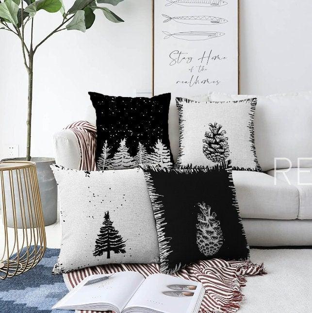 Set of 4 Winter Trend Pillow Covers|Black White Pine Tree and Pine Cone Home Decor|Decorative Xmas Throw Pillow Top|Christmas Cushion Cover