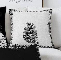 Set of 4 Winter Trend Pillow Covers|Black White Pine Tree and Pine Cone Home Decor|Decorative Xmas Throw Pillow Top|Christmas Cushion Cover