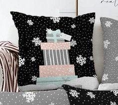 Set of 4 Christmas Pillow Covers|Xmas Gift Boxes Home Decor|White Snowflake on Black and Gray Background Pillow|Winter Trend Throw Pillow