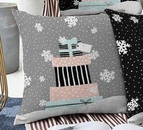 Set of 4 Christmas Pillow Covers|Xmas Gift Boxes Home Decor|White Snowflake on Black and Gray Background Pillow|Winter Trend Throw Pillow