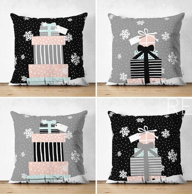 Set of 4 Christmas Pillow Covers|Xmas Gift Boxes Home Decor|White Snowflake on Black and Gray Background Pillow|Winter Trend Throw Pillow