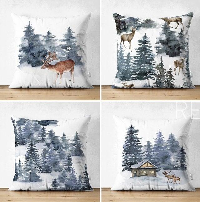 Set of 4 Winter Trend Pillow Covers|Xmas Deer and Pine Tree Home Decor|House under Snow Pillow Top|Christmas Pillow Cover|Xmas Throw Pillow