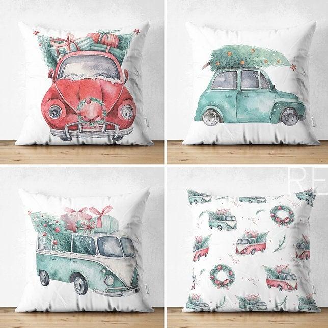 Set of 4 Christmas Pillow Covers|Red Gree White Xmas Pillow Case|Van with Decorated Xmas Tree Cushion Case|Car with Xmas Tree Cushion Cover