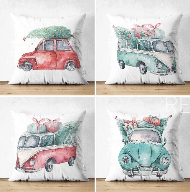 Set of 4 Christmas Pillow Covers|Red Turquoise White Pillow Case|Van with Decorated Xmas Tree Cushion Case|Car with Xmas Tree Cushion Cover