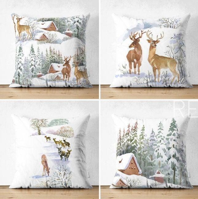 Set of 4 Winter Trend Pillow Covers|Xmas Deer and Pine Tree Home Decor|Houses and Snow Pillow Top|Christmas Pillow Cover|Xmas Throw Pillow