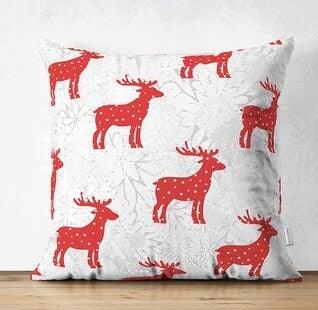 Set of 4 Christmas Pillow Covers|Red Xmas Deer and Snowflake Print Pillow Cover|Red White Xmas Pillow Top|Winter Trend Gray Pine Tree Pillow